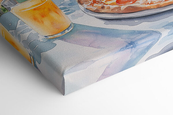 Aquarellmalerei einer Pizza und Getränke auf einem Tisch Aquarellmalerei einer Pizza und Getränke auf einem Tisch