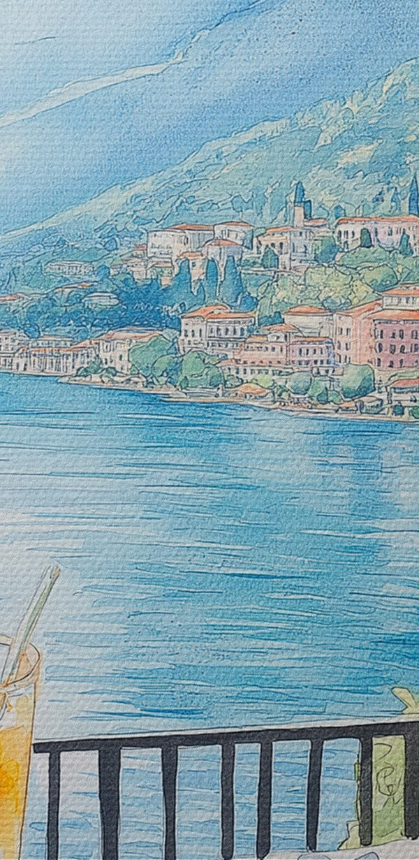 Aquarellmalerei einer Pizza und Getränke auf einem Tisch Aquarellmalerei einer Pizza und Getränke auf einem Tisch