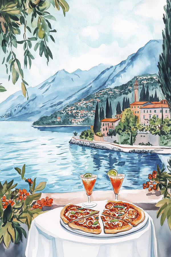 Aquarellmalerei eines Tisches mit Essen und einem See im Hintergrund Aquarellmalerei eines Tisches mit Essen und einem See im Hintergrund