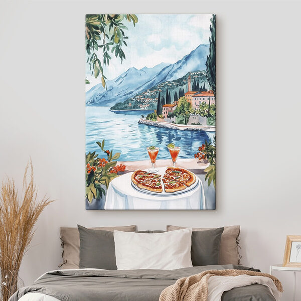 Aquarellmalerei eines Tisches mit Essen und einem See im Hintergrund Aquarellmalerei eines Tisches mit Essen und einem See im Hintergrund