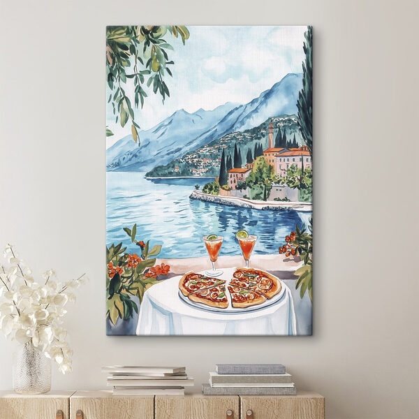 Aquarellmalerei eines Tisches mit Essen und einem See im Hintergrund Aquarellmalerei eines Tisches mit Essen und einem See im Hintergrund