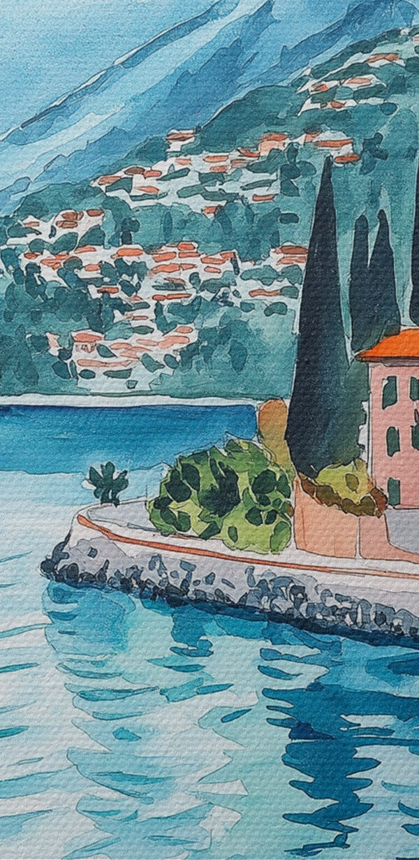 Aquarellmalerei eines Tisches mit Essen und einem See im Hintergrund Aquarellmalerei eines Tisches mit Essen und einem See im Hintergrund