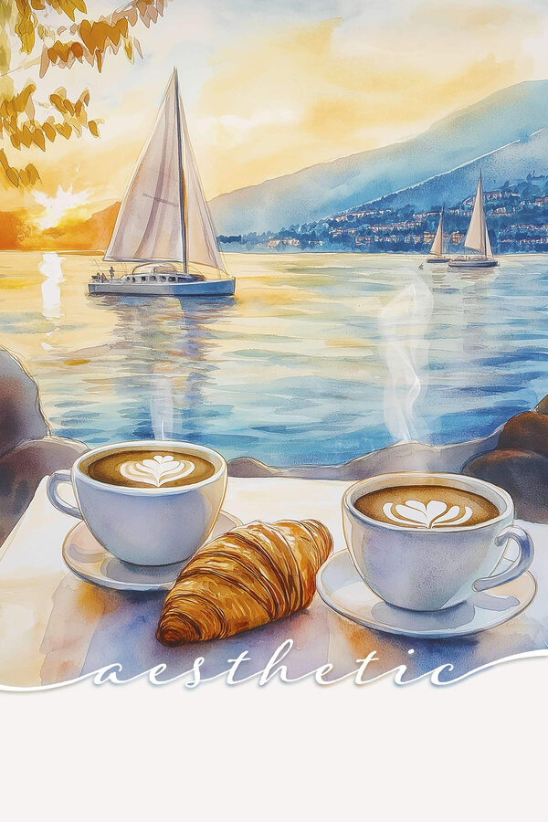 Zwei Tassen Kaffee und Croissant auf einem Tisch mit einem Segelboot im Hintergrund Zwei Tassen Kaffee und Croissant auf einem Tisch mit einem Segelboot im Hintergrund