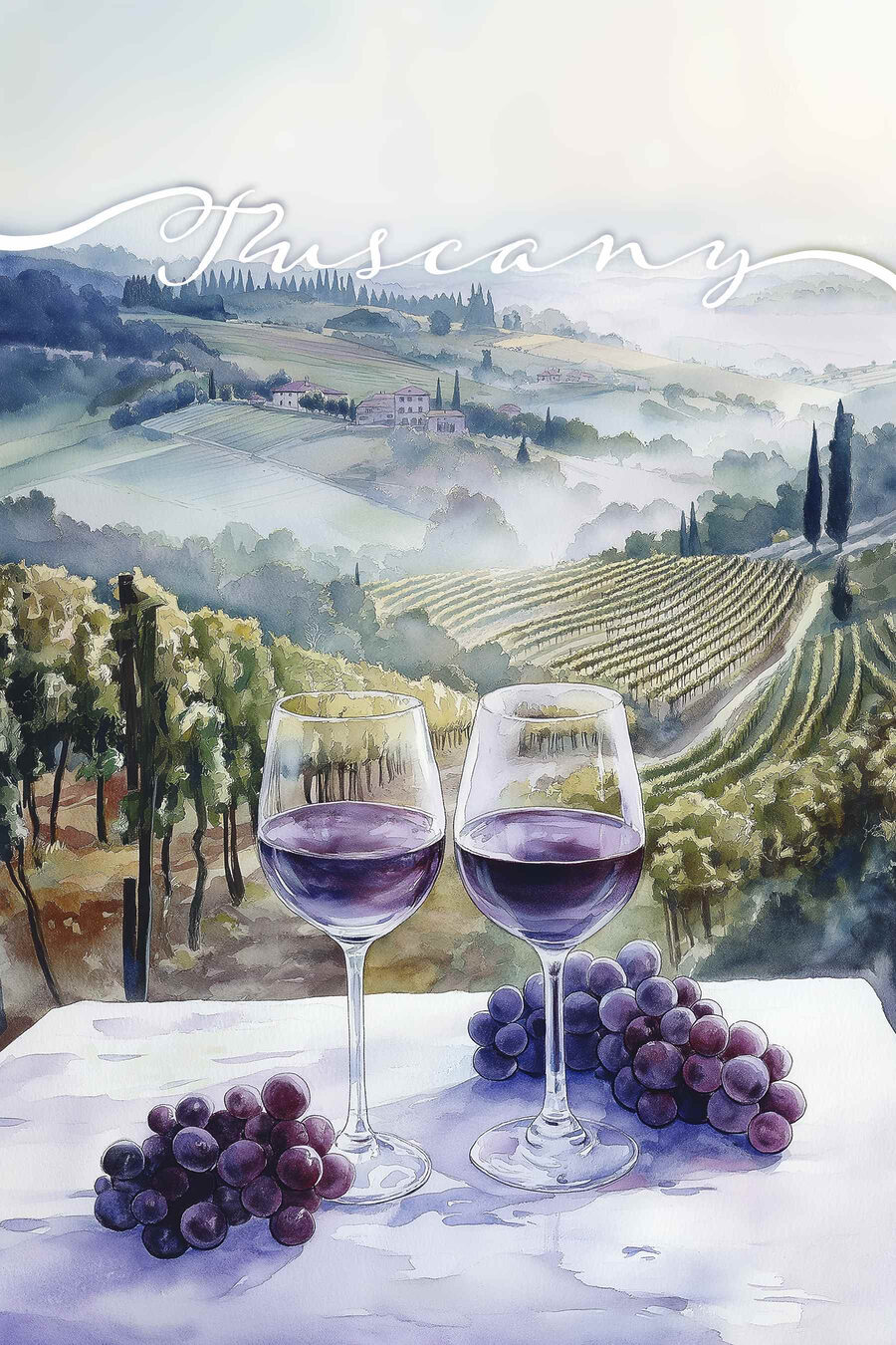Aquarellmalerei von Weingläsern und Trauben auf einem Tisch