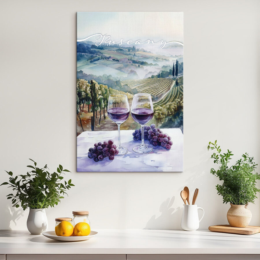 Aquarellmalerei von Weingläsern und Trauben auf einem Tisch