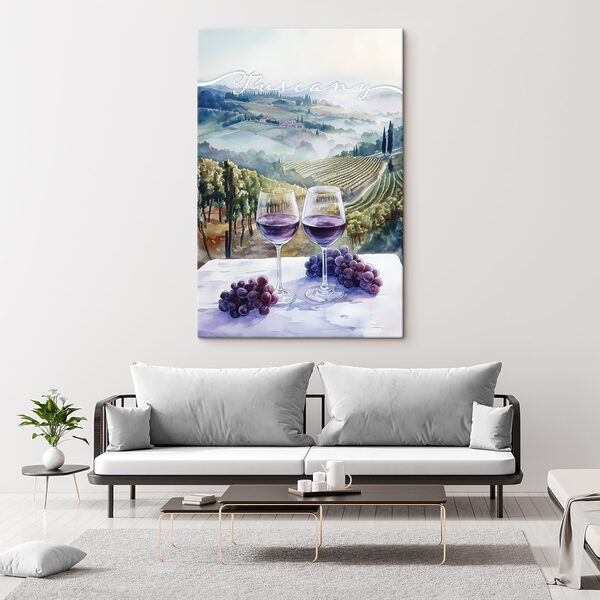 Aquarellmalerei von Weingläsern und Trauben auf einem Tisch Aquarellmalerei von Weingläsern und Trauben auf einem Tisch