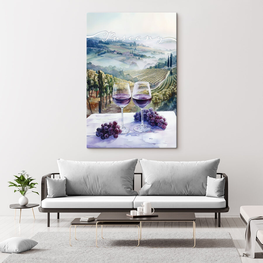 Aquarellmalerei von Weingläsern und Trauben auf einem Tisch