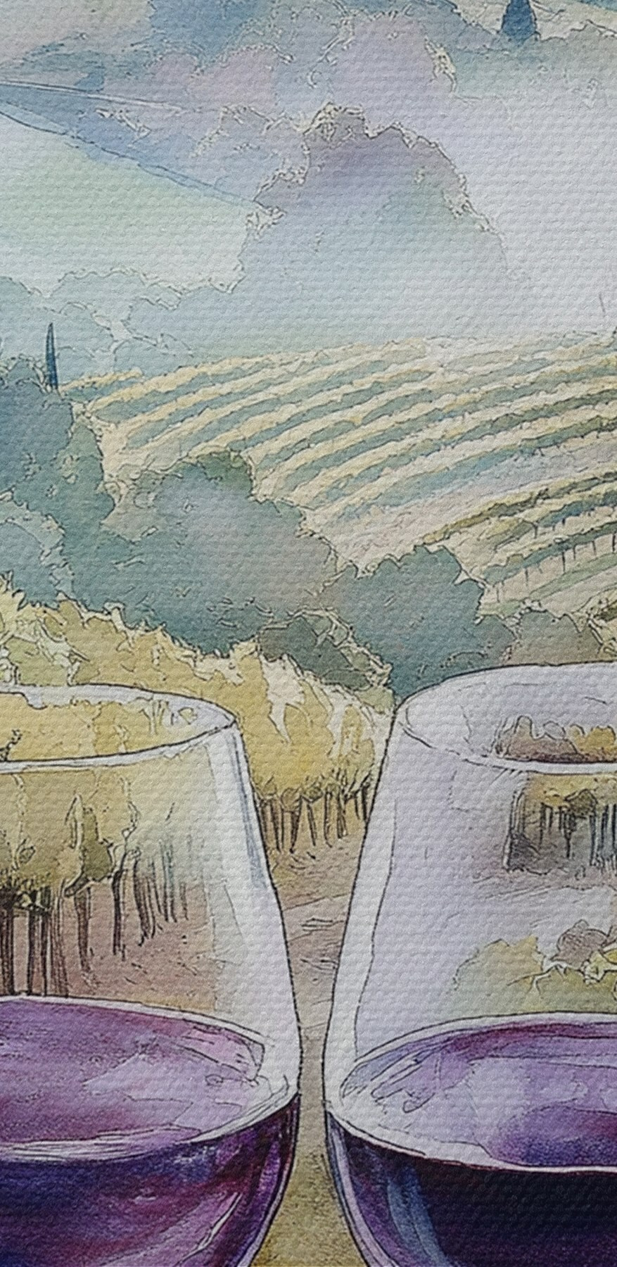 Aquarellmalerei von Weingläsern und Trauben auf einem Tisch