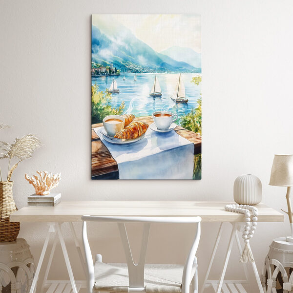 Aquarellmalerei eines Tisches mit Kaffee und Croissants darauf Wandbilder Aquarellmalerei eines Tisches mit Kaffee und Croissants darauf