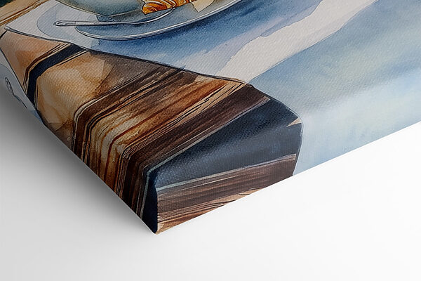 Watercolor painting of a table with coffee and croissants on it