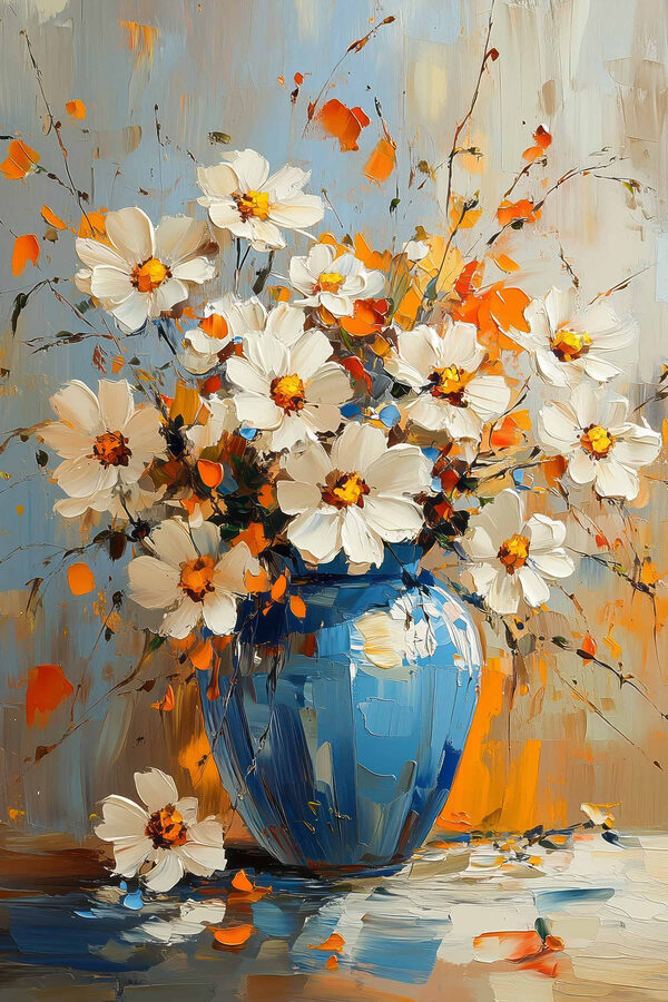 Gemälde mit Blumen in einer blauen Vase Gemälde mit Blumen in einer blauen Vase