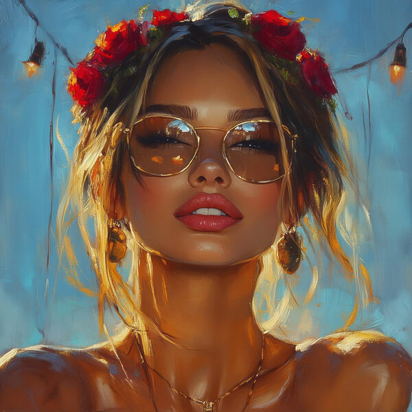 Frau mit Blumen im Haar und Sonnenbrille Frau mit Blumen im Haar und Sonnenbrille
