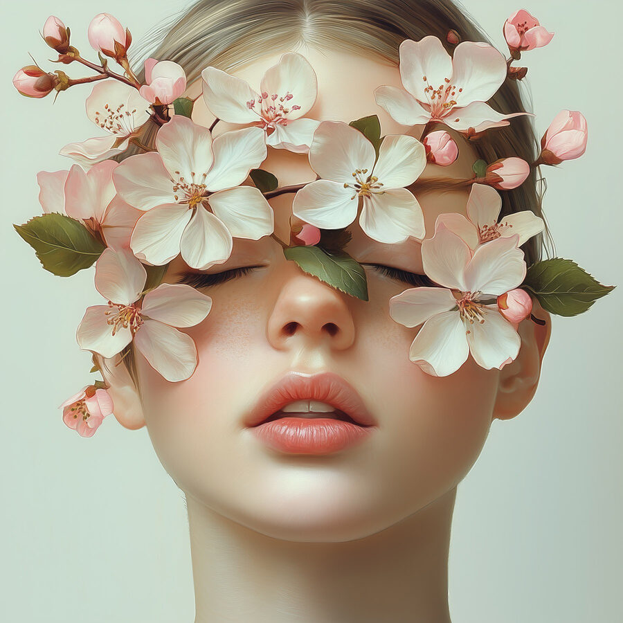 Frau mit Blumen im Gesicht