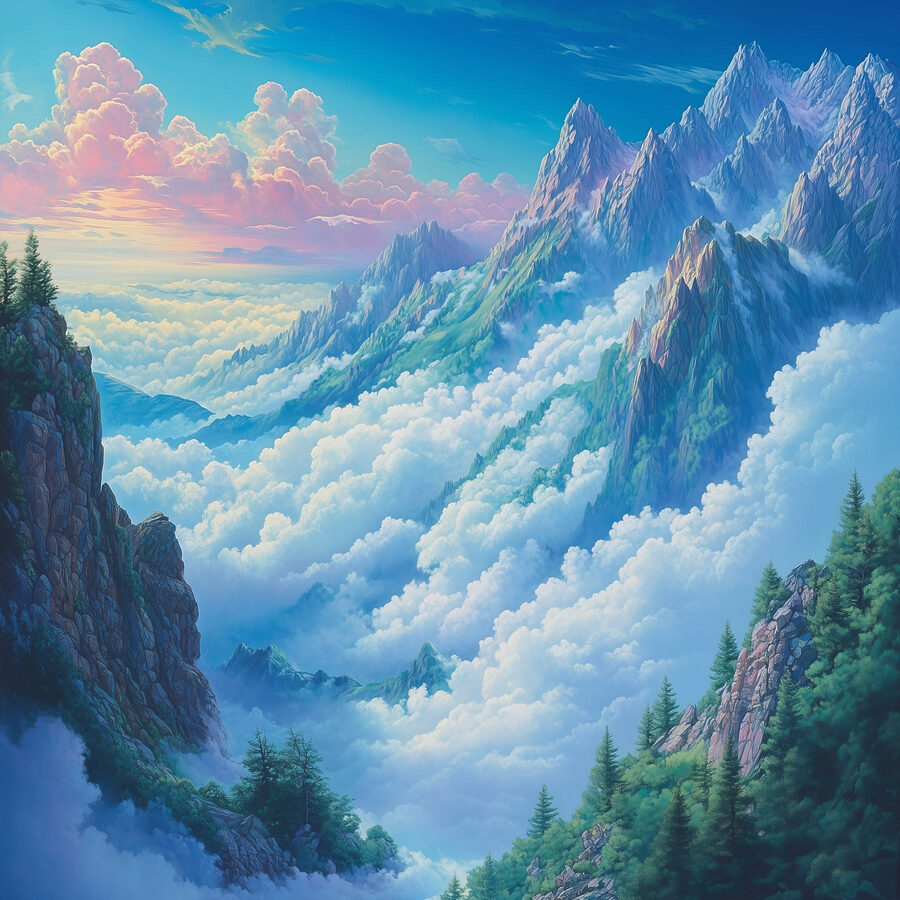 Bergkette mit Wolken und Bäumen