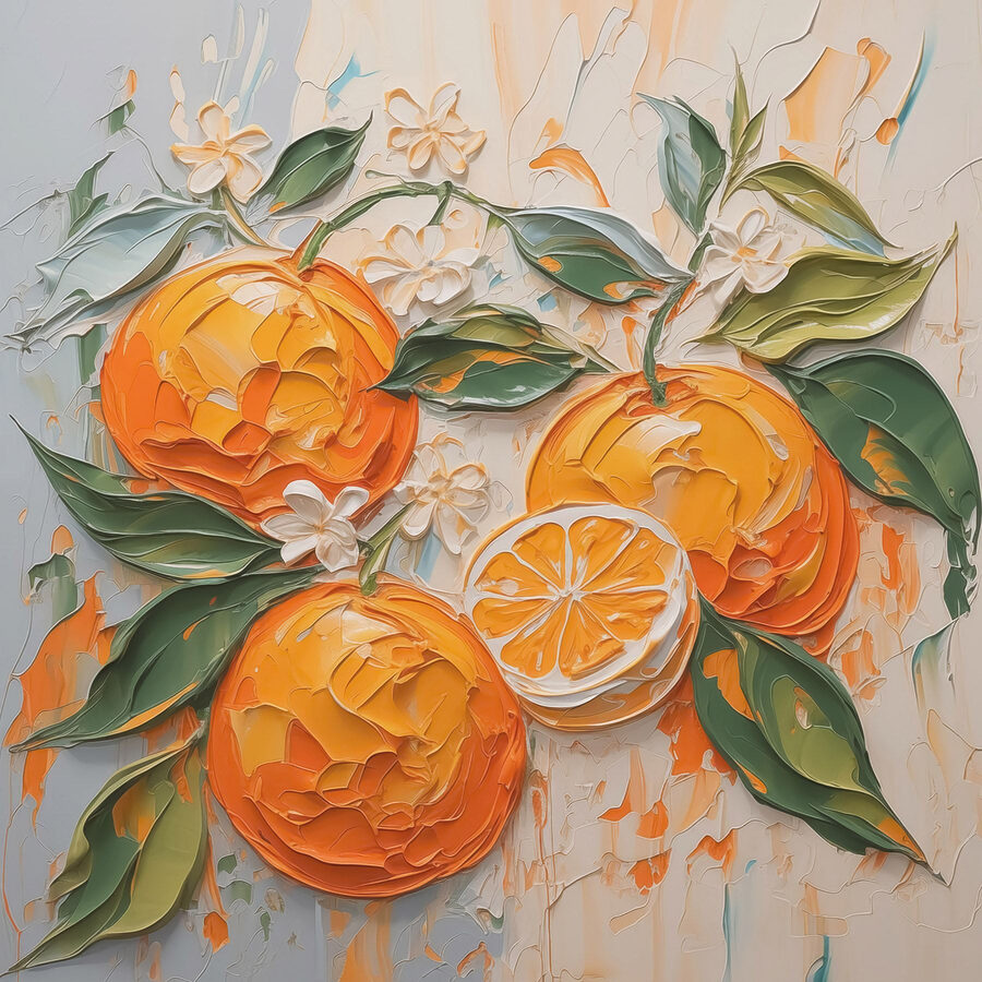 Malerei von Orangen und Blättern