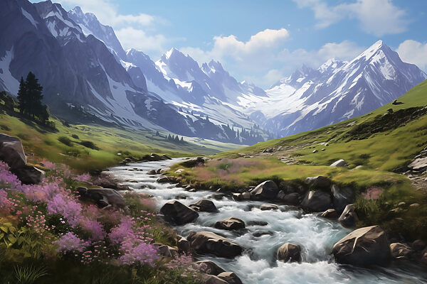 Ein Fluss fließt durch ein Tal mit schneebedeckten Bergen Ein Fluss fließt durch ein Tal mit schneebedeckten Bergen