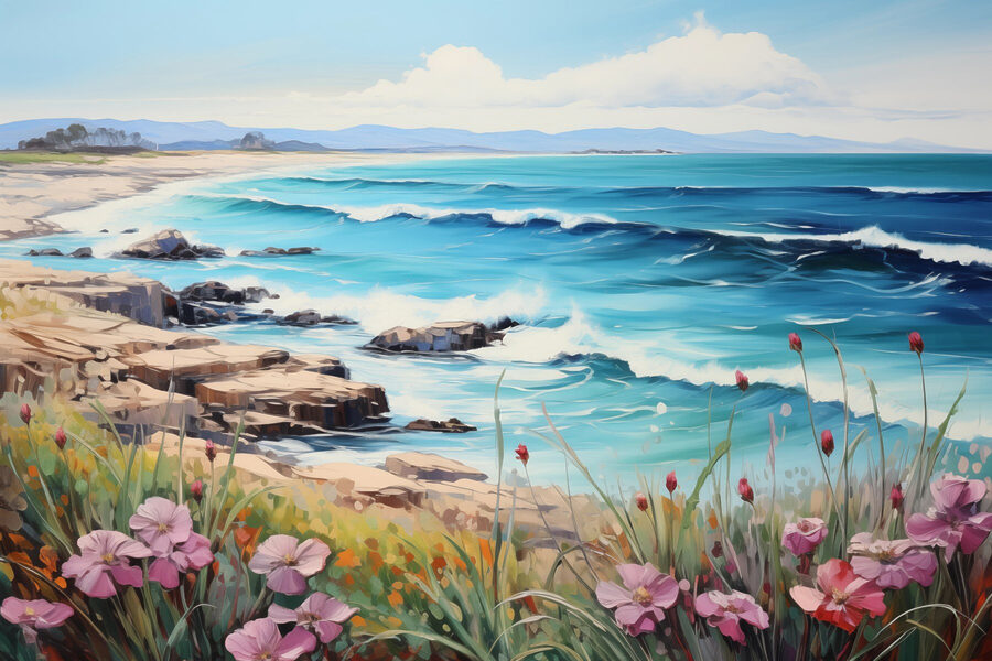 Gemälde eines Strandes mit Blumen und Wellen Gemälde eines Strandes mit Blumen und Wellen