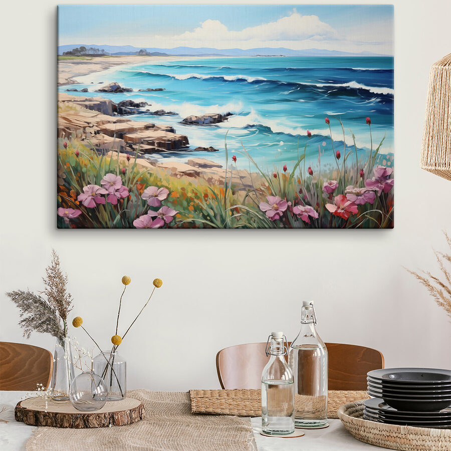 Gemälde eines Strandes mit Blumen und Wellen Gemälde eines Strandes mit Blumen und Wellen
