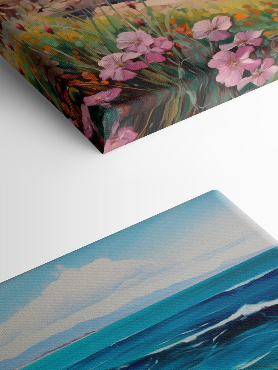 Gemälde eines Strandes mit Blumen und Wellen Gemälde eines Strandes mit Blumen und Wellen