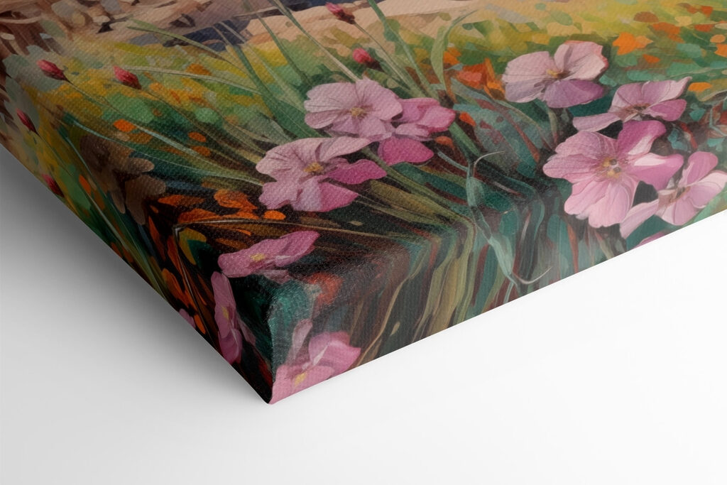 Painting of a beach with flowers and waves