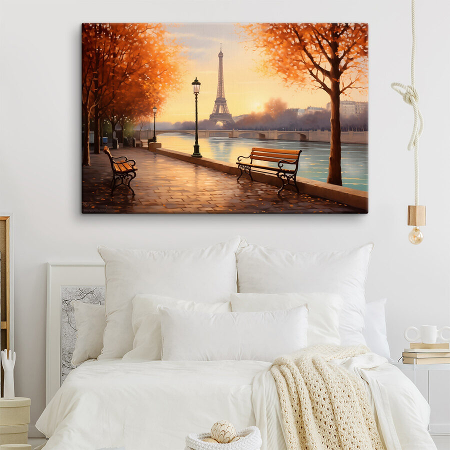 Bank und ein Fluss mit Bäumen und einem Turm im Hintergrund