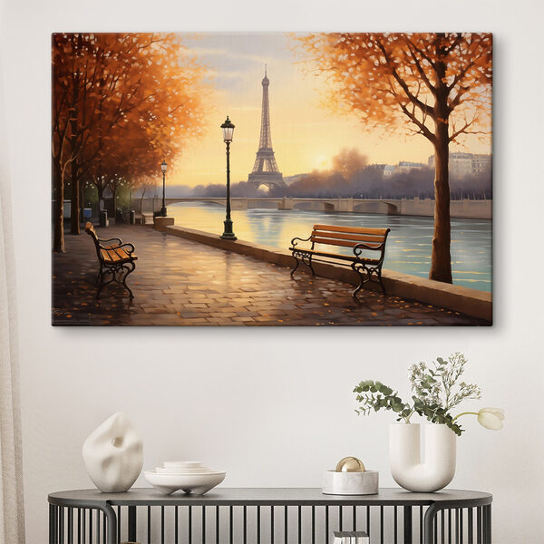 Bank und ein Fluss mit Bäumen und einem Turm im Hintergrund Bank und ein Fluss mit Bäumen und einem Turm im Hintergrund