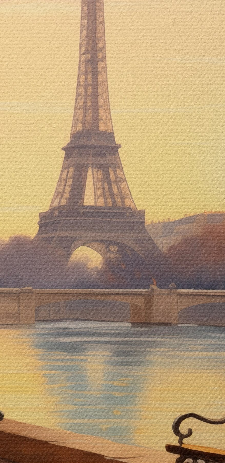 Bank und ein Fluss mit Bäumen und einem Turm im Hintergrund