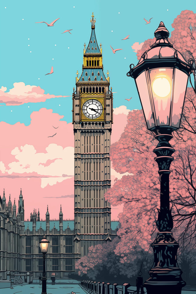 Clock tower with a lamp post and trees