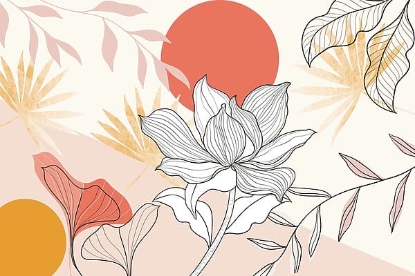 Blüte und Blätter mit roter Sonne Blüte und Blätter mit roter Sonne