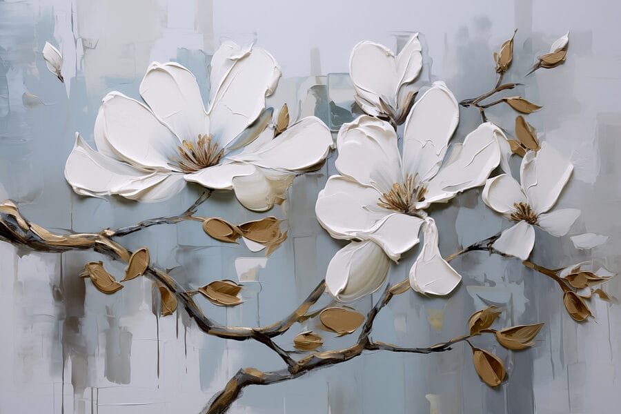 Malerei von weißen Blumen auf einem Zweig Malerei von weißen Blumen auf einem Zweig