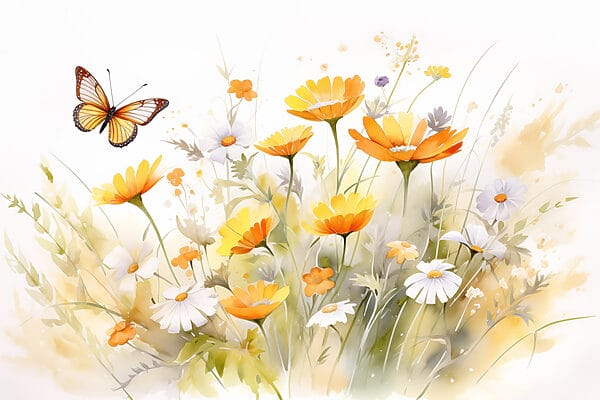 Schmetterling fliegt über eine gelbe und weiße Blumen Schmetterling fliegt über eine gelbe und weiße Blumen