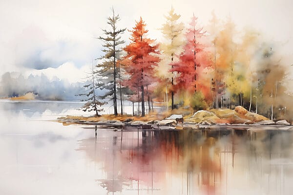 Aquarellmalerei von Bäumen und Felsen an einem See Aquarellmalerei von Bäumen und Felsen an einem See