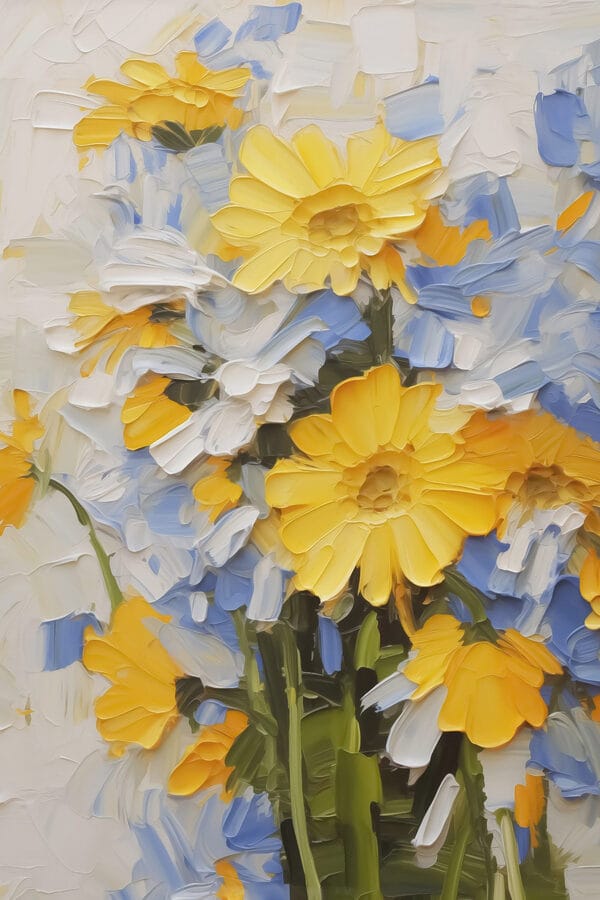 Gemälde mit gelben und blauen Blumen Gemälde mit gelben und blauen Blumen