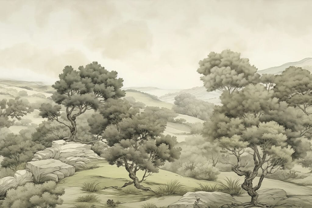 Landschaft mit Bäumen und Felsen Landschaft mit Bäumen und Felsen