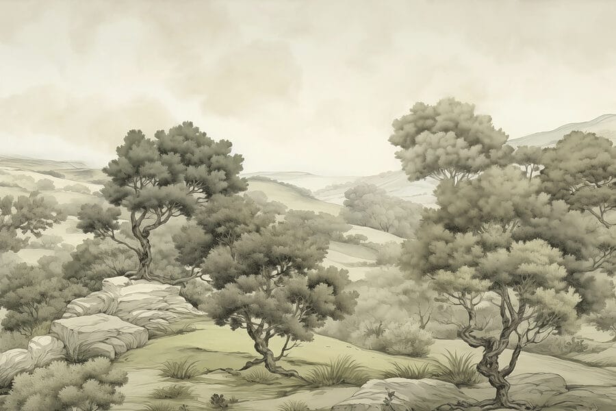 Landschaft mit Bäumen und Felsen Landschaft mit Bäumen und Felsen
