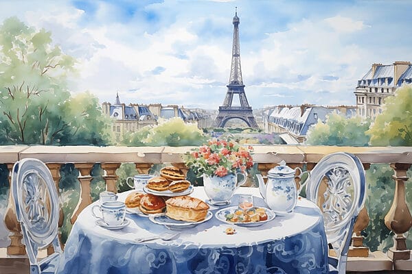 Aquarellmalerei eines Tisches mit Essen darauf Aquarellmalerei eines Tisches mit Essen darauf