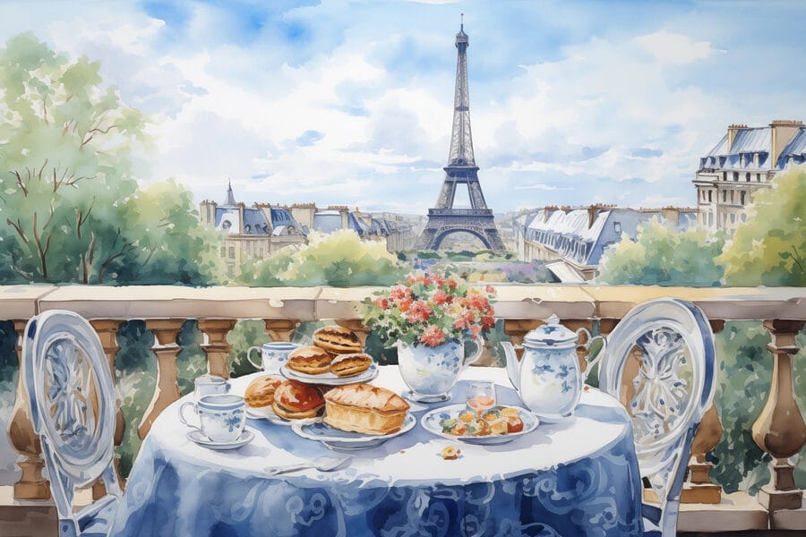 Aquarellmalerei eines Tisches mit Essen darauf Aquarellmalerei eines Tisches mit Essen darauf