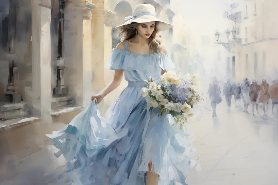 Wandbilder Frau im blauen Kleid hält Blumen – Bild 7
