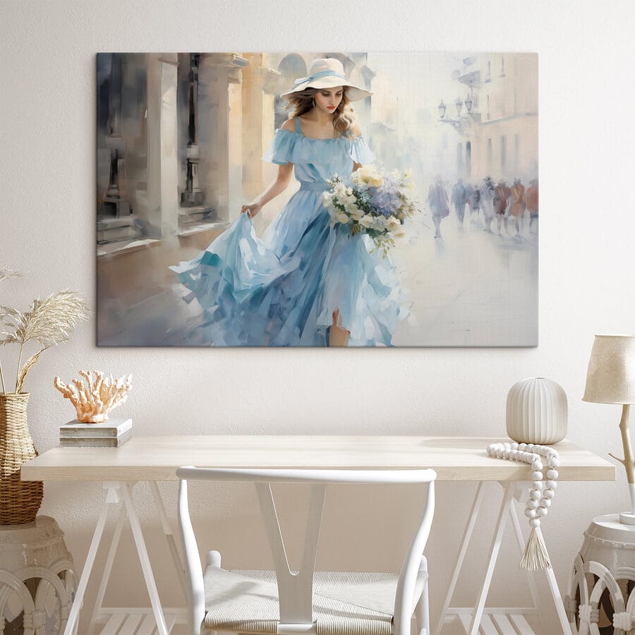 Wandbilder Frau im blauen Kleid hält Blumen