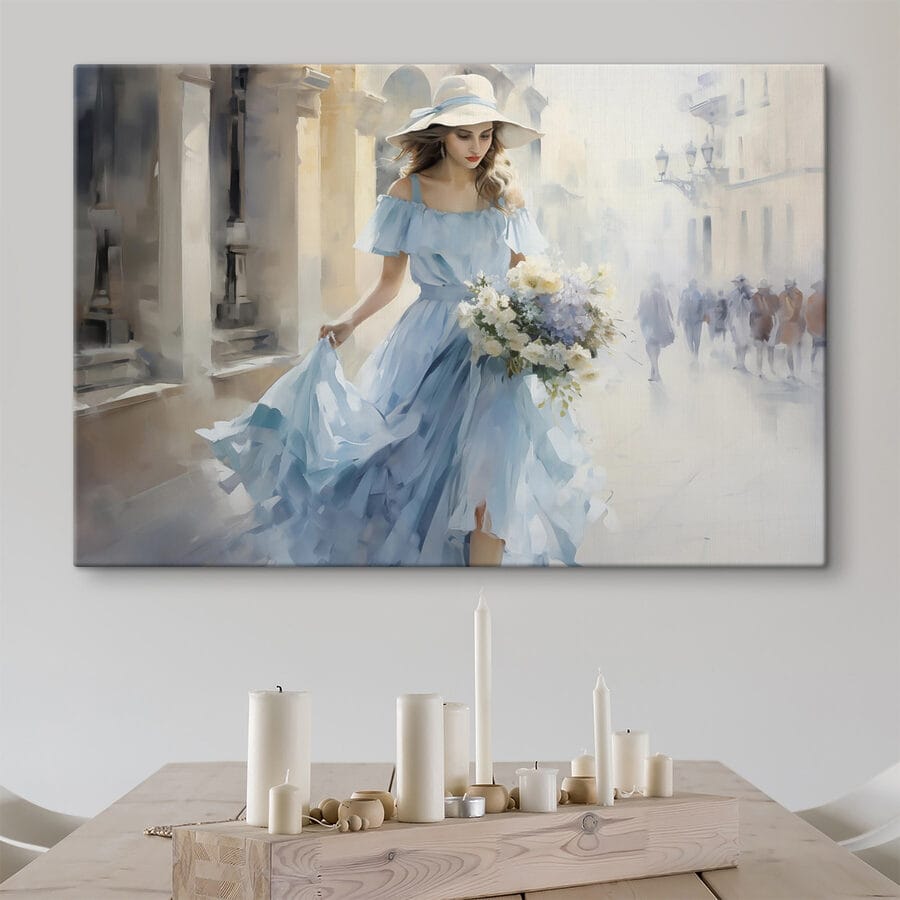 Wandbilder Frau im blauen Kleid hält Blumen – Bild 2