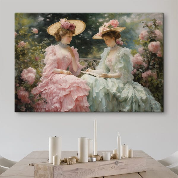 Malerei von Frauen in Kleidern und Hüten Malerei von Frauen in Kleidern und Hüten