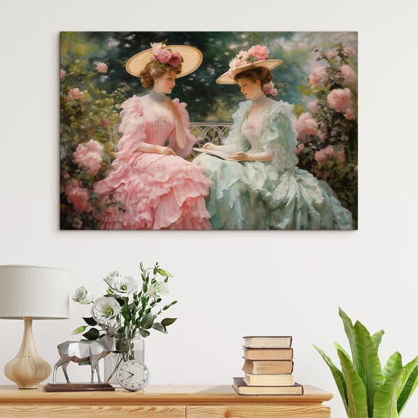 Malerei von Frauen in Kleidern und Hüten Malerei von Frauen in Kleidern und Hüten