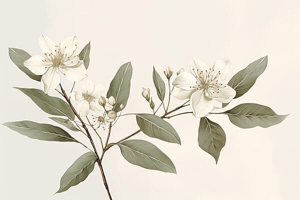 Weiße Blüten und Blätter auf einem Zweig Weiße Blüten und Blätter auf einem Zweig