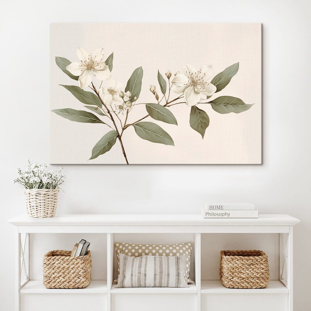White flowers and leaves on a branch White flowers and leaves on a branch