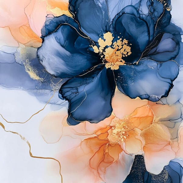 Gemälde mit blauen und orangefarbenen Blumen Gemälde mit blauen und orangefarbenen Blumen
