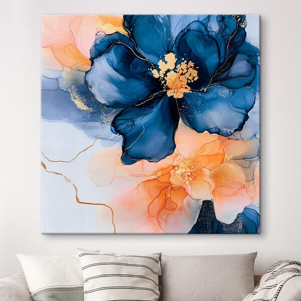 Gemälde mit blauen und orangefarbenen Blumen Gemälde mit blauen und orangefarbenen Blumen
