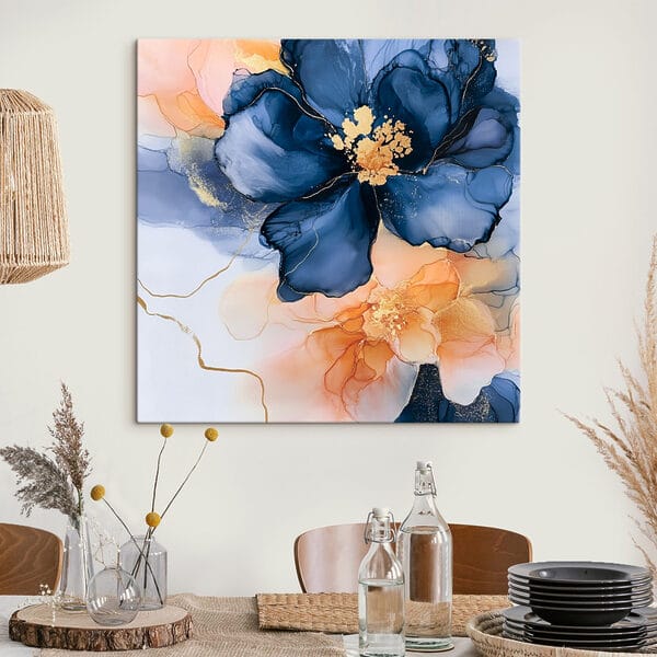 Gemälde mit blauen und orangefarbenen Blumen Gemälde mit blauen und orangefarbenen Blumen