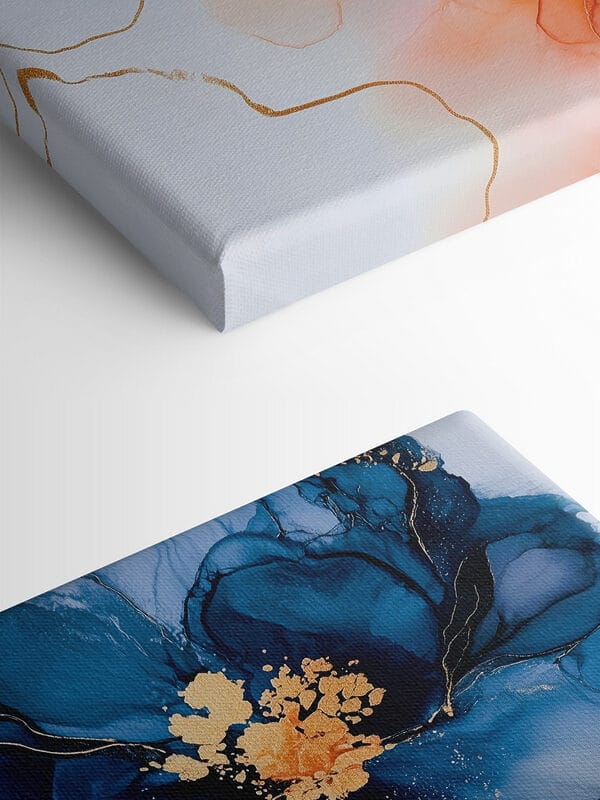 Gemälde mit blauen und orangefarbenen Blumen Gemälde mit blauen und orangefarbenen Blumen