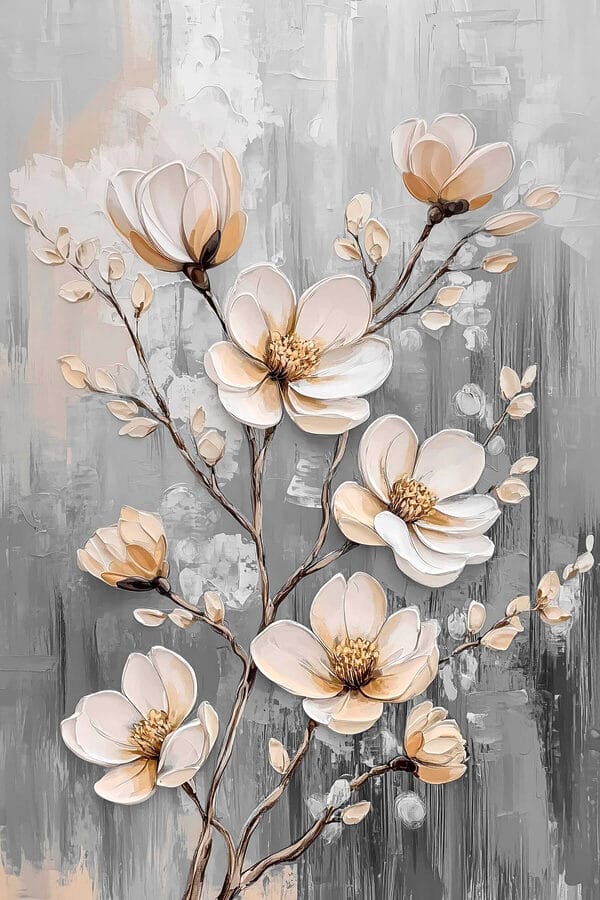 Gemälde mit Blumen auf grauem Hintergrund Gemälde mit Blumen auf grauem Hintergrund