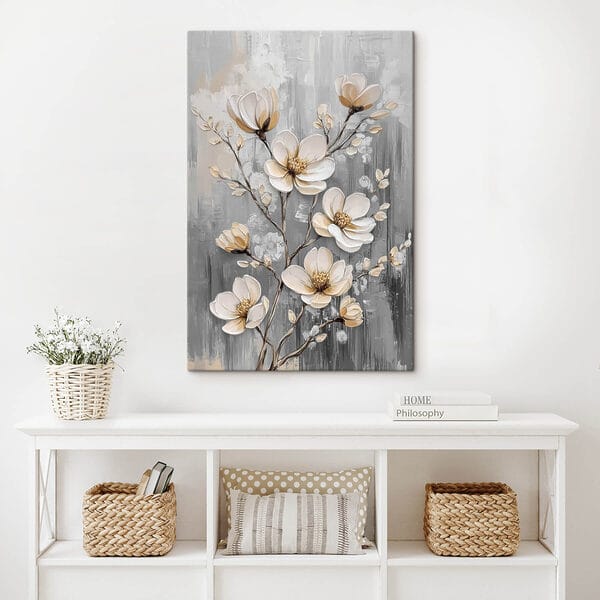 Gemälde mit Blumen auf grauem Hintergrund Gemälde mit Blumen auf grauem Hintergrund